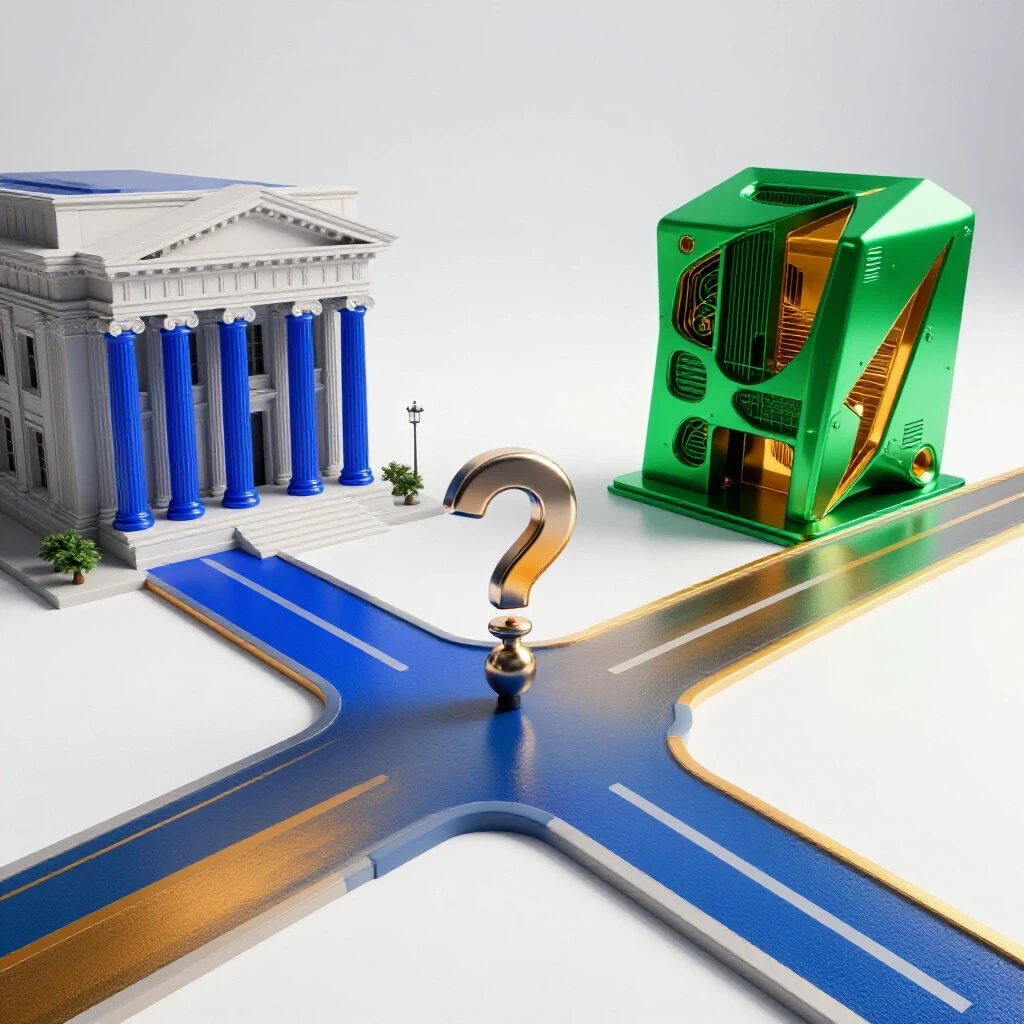 A vibrant crossroads featuring a classic blue academic building and a sleek green tech structure, divided by bright paths.