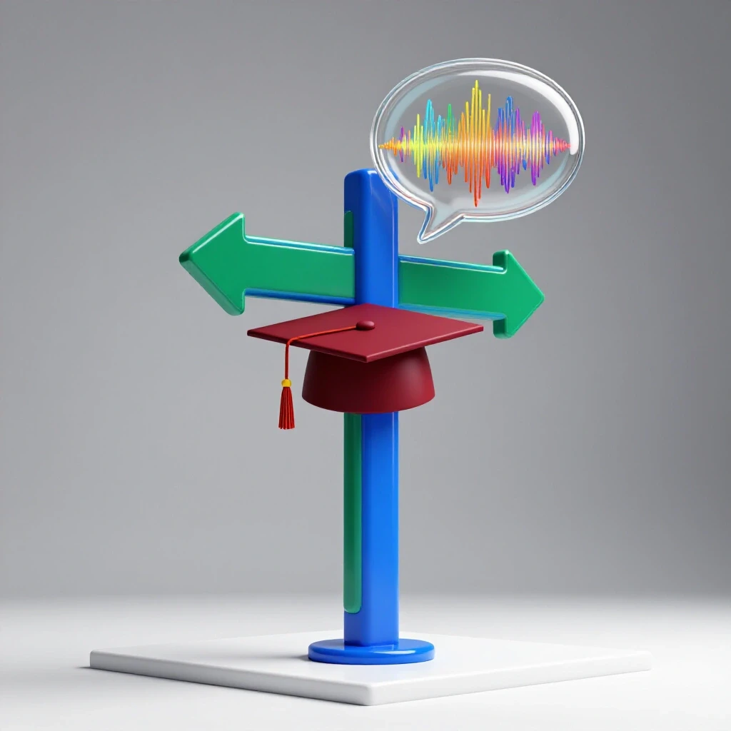 Vivid crossroads with graduation cap on one side and speech bubble with sound waves on the other, set against a bright background.