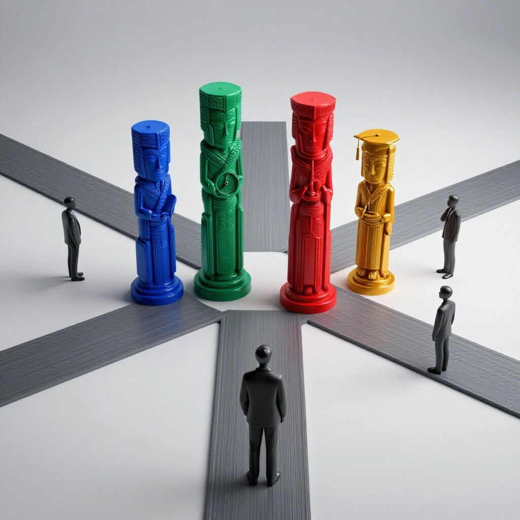 Crossroads with colorful academic totems and students choosing paths, symbolizing faculty advisor selection.