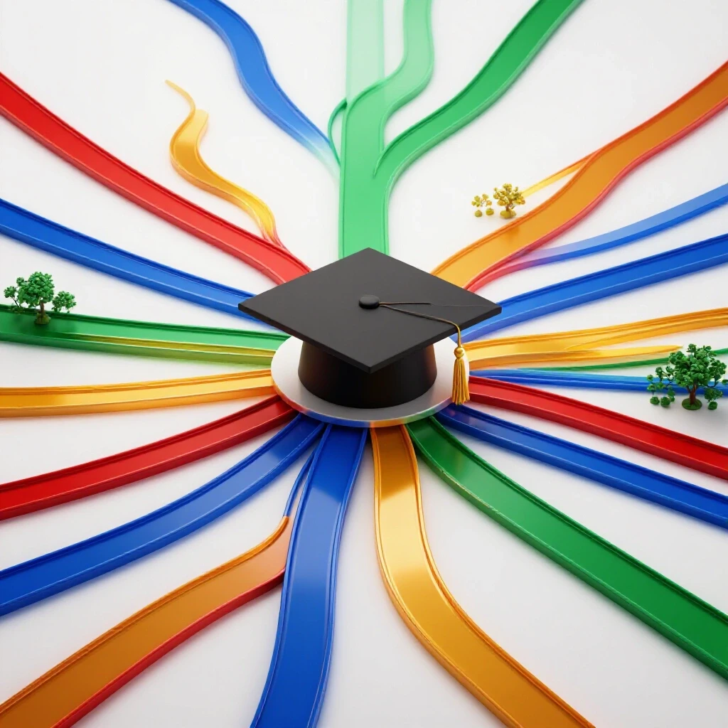 A graduate cap at a crossroads with glowing colored paths leading to different career environments on a bright white background.