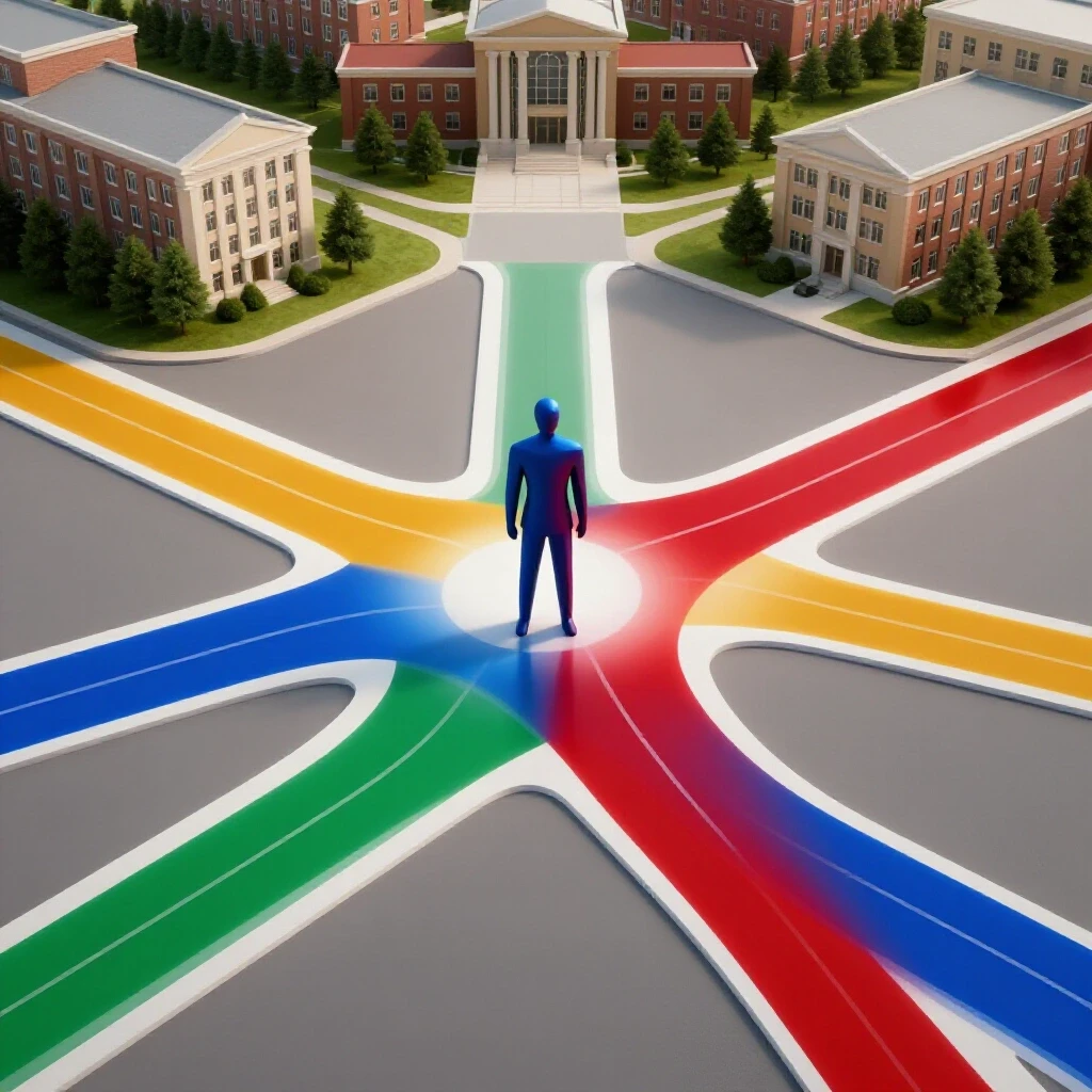 Confident abstract figure at a colorful crossroads with multiple academic paths leading to bright campuses