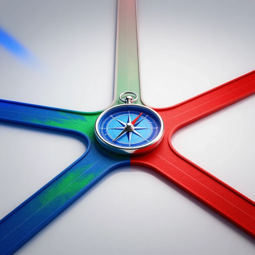 Illuminated compass at center of branching colored crossroads symbolizing nurse practitioner career paths