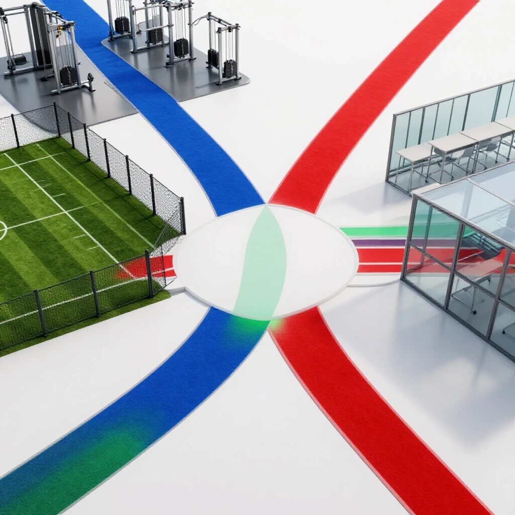 Vivid crossroads with deep colored paths leading to gym, sports field, and classroom on bright background