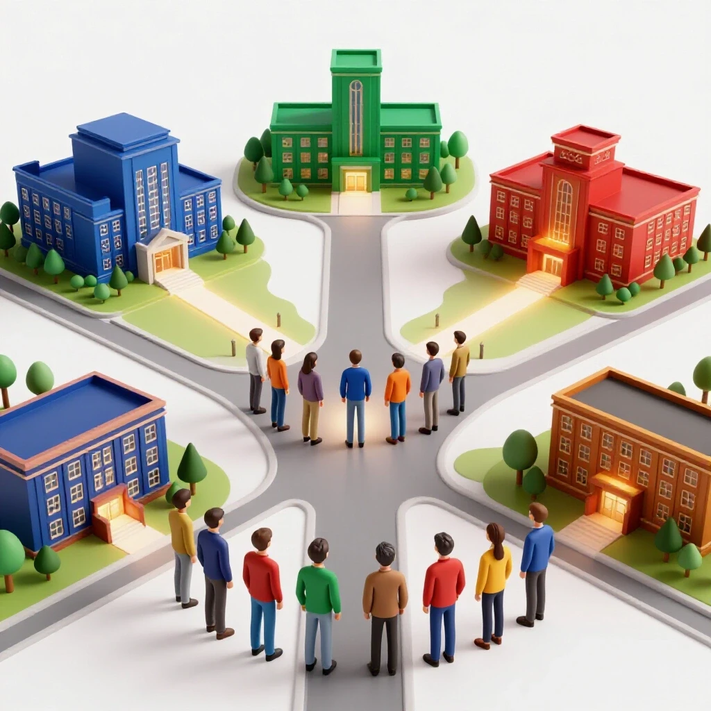 Stylized students at a crossroads with glowing paths leading to colorful campus buildings, bright background