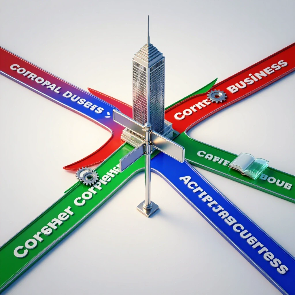 Vivid crossroads with three bold diverging paths leading to unique career-themed icons against a bright background.