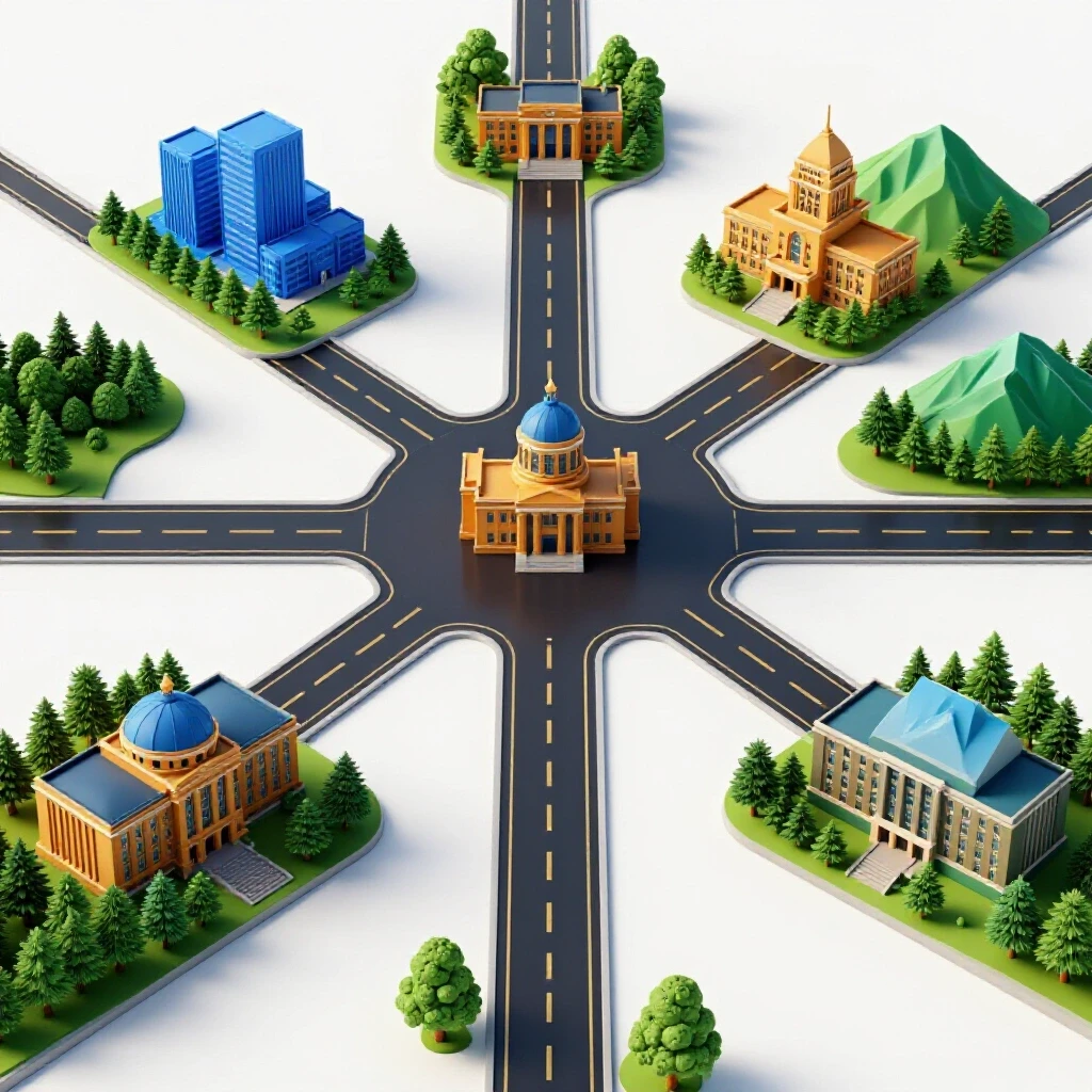 Vivid crossroads with colorful paths branching to distinct universities against a bright white background.