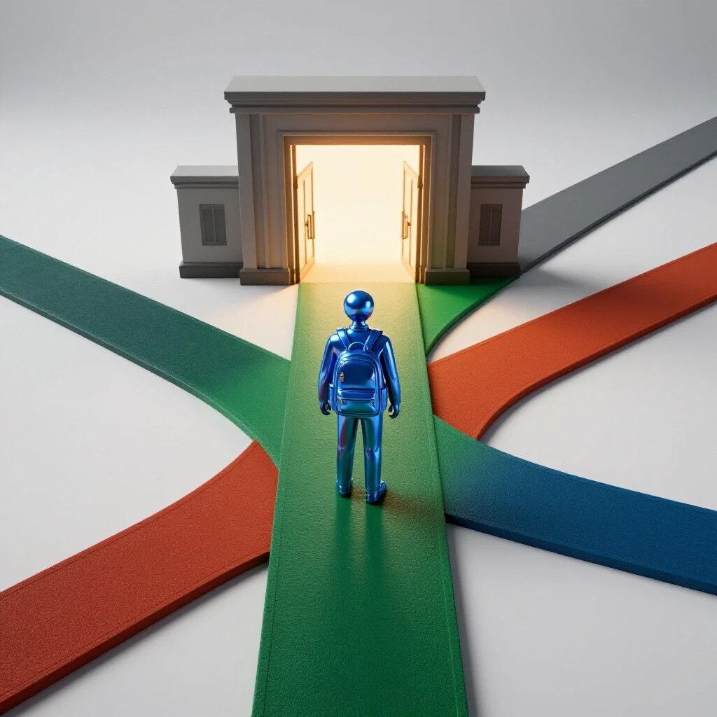 A bright crossroads scene with a bold blue backpack at the center, one vivid path leading to an open campus gateway in warm light.