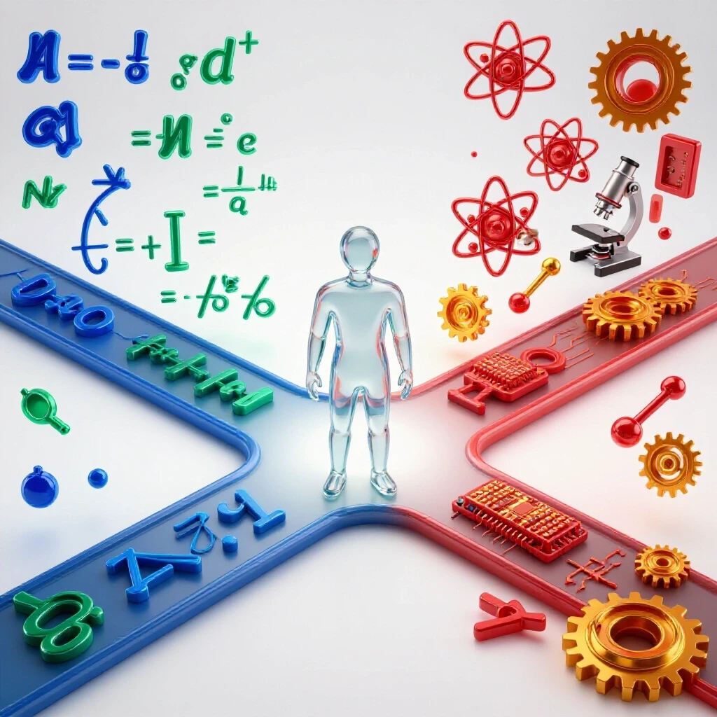 A crossroads with math symbols on one path and science icons on the other, vibrant colors on a clean white background.