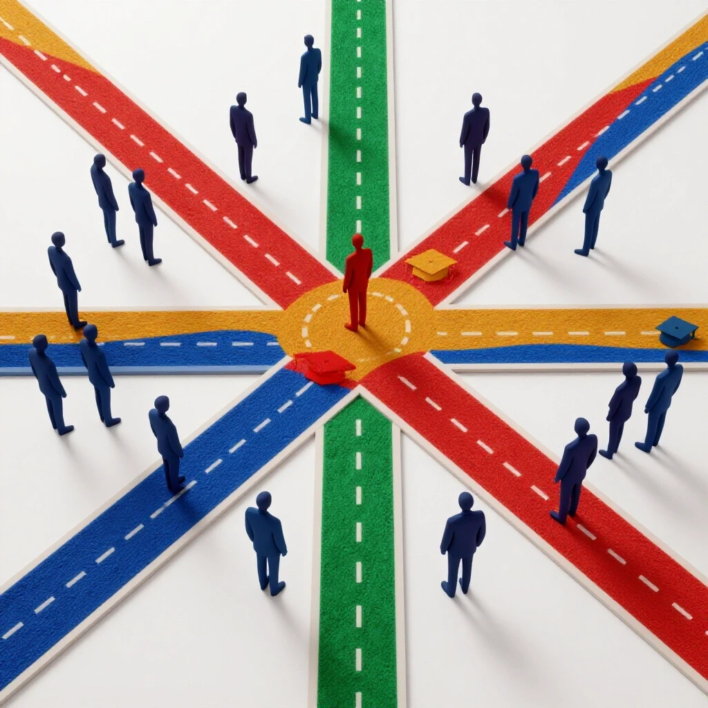 Vivid crossroads with colorful campus pathways and abstract student figures choosing different routes, set on a bright white background.