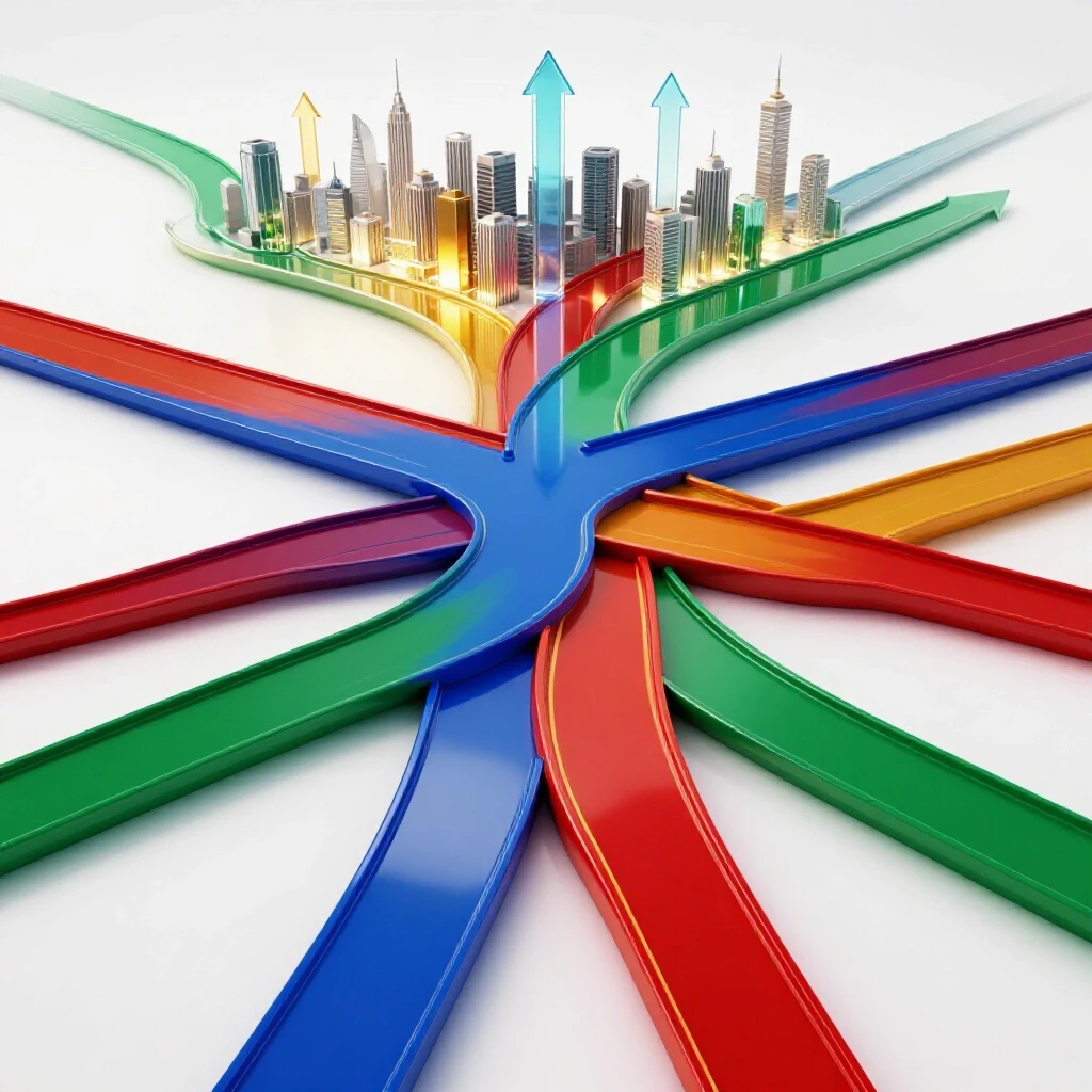 Glossy, colorful crossroads with winding paths leading to bright city skylines and upward arrows, set in a well-lit white studio.