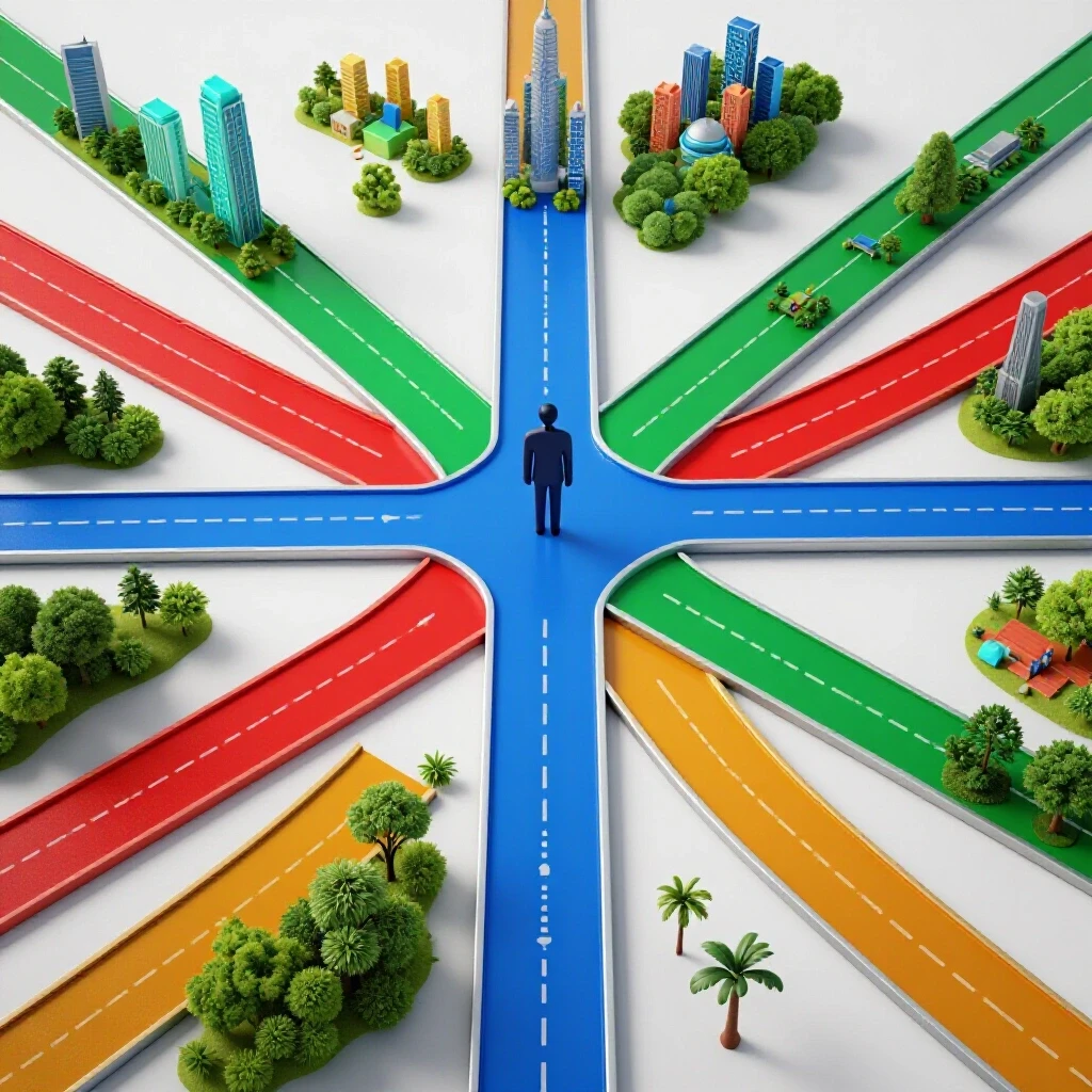 Vivid crossroads with colorful pathways leading to diverse futures, centered figure at the intersection.