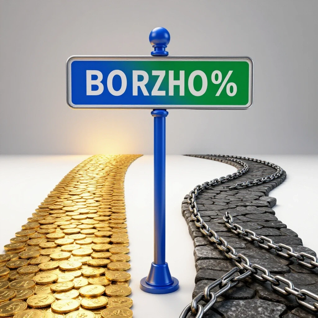 A crossroads signpost stands between a path paved with gold coins towards a bright horizon and another path entangled with heavy debt chains, set on a clean white background.