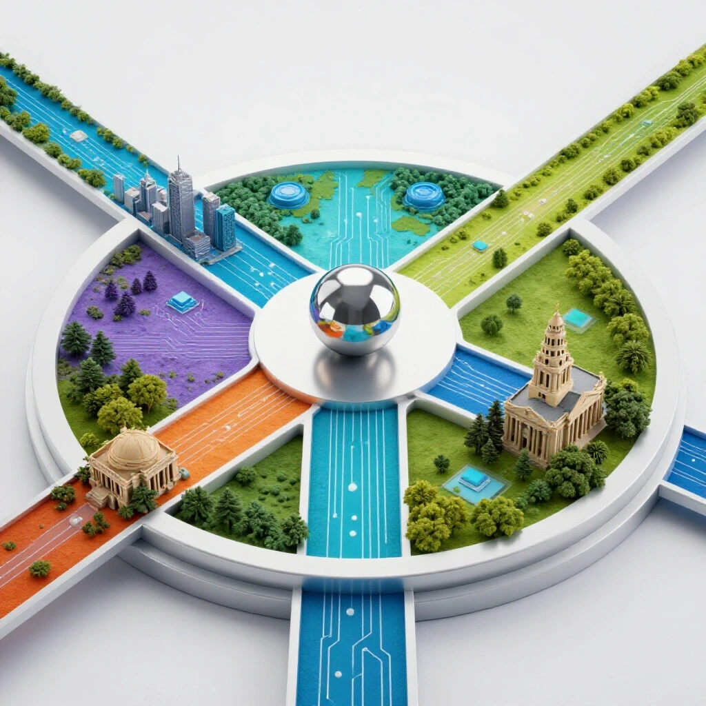 Glossy crossroads platform with four colorful paths leading to diverse landscapes, symbolizing master's specialization choices.