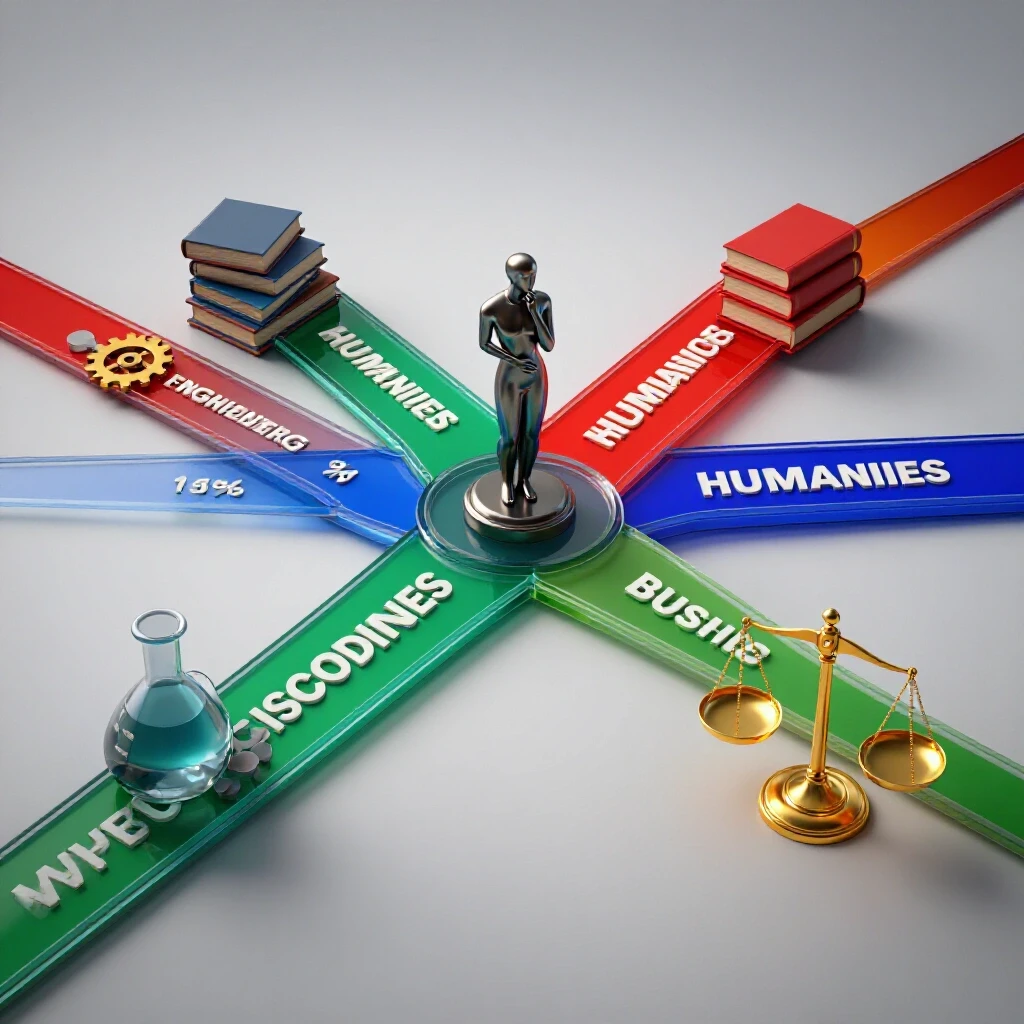 Diverging pathways lined with symbolic objects for academic fields at a crossroads, inviting choice.