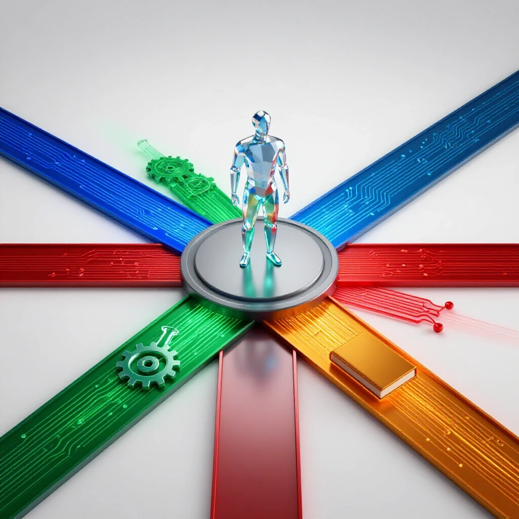 Four glowing pathways diverge from a central platform, each leading to a bold symbol representing a different career field.