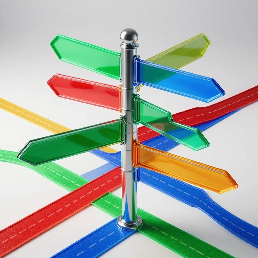 Glossy signpost crossroads with four vibrant colored paths diverging in a bright, clean studio scene