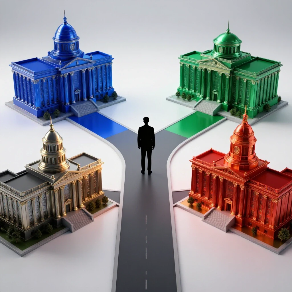 Abstract student figure at a crossroads with grand law school buildings, vibrant paths, and bright studio lighting.