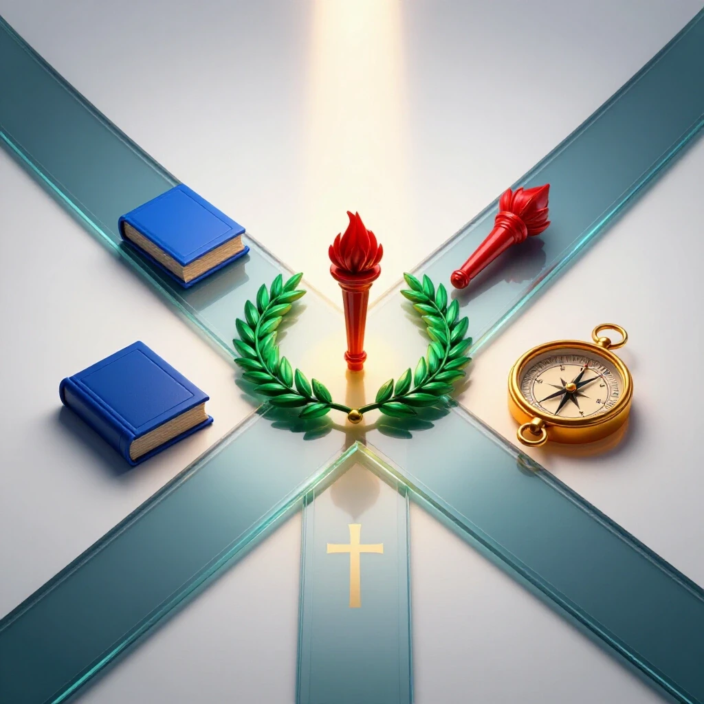 At a luminous crossroads, richly colored symbols like a torch, book, wreath, and compass radiate beneath a beam of light.