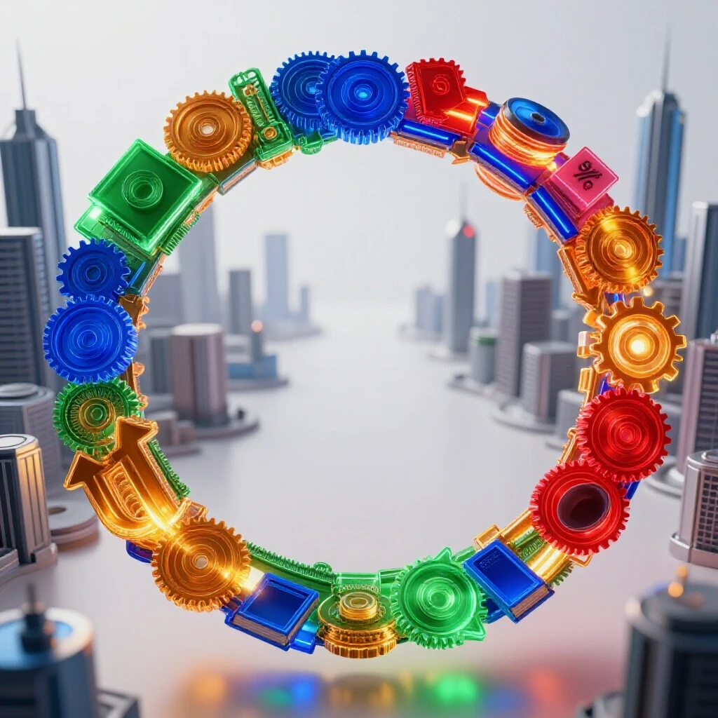 Colorful geometric loop of tools and resources exchanging energy set against a bright, modern cityscape.