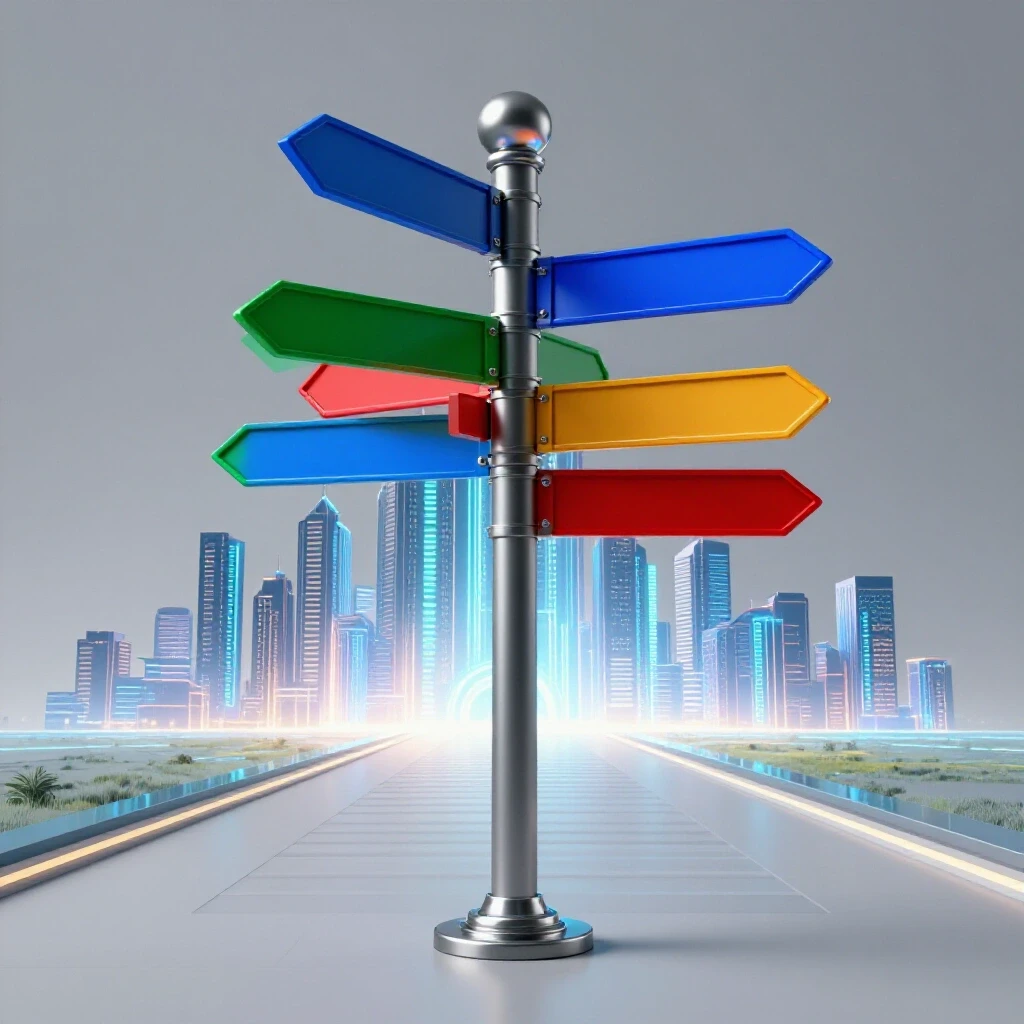 Bright crossroads with vibrant directional arrows and a glowing digital city skyline representing tech career paths.