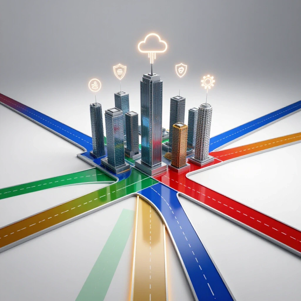 Glossy, colorful digital crossroads with vibrant tech pathways leading toward modern office skylines and glowing technology symbols in a bright, clean setting.