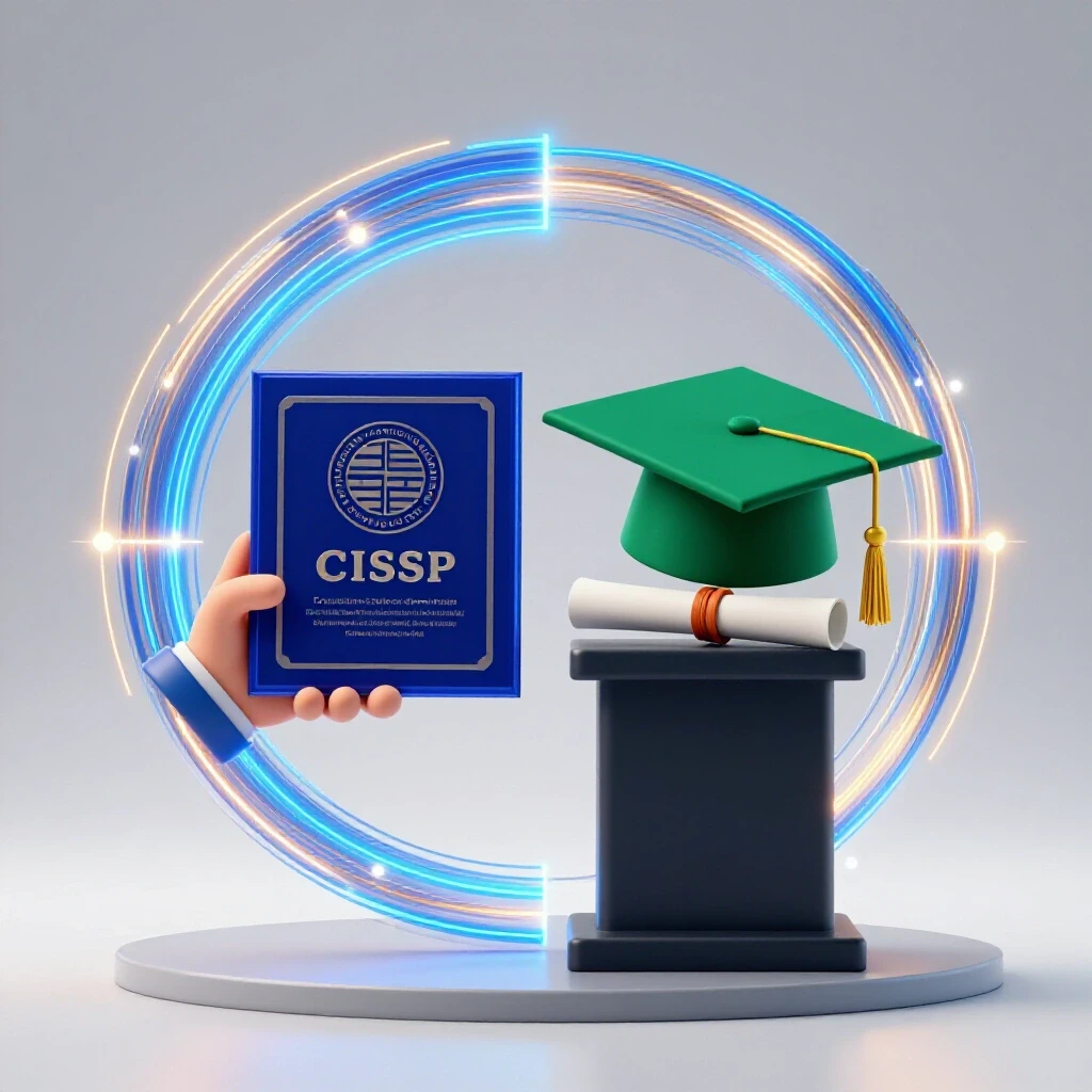 Split scene showing a CISSP certification plaque and graduation cap with diploma, joined by a glowing cyber network.
