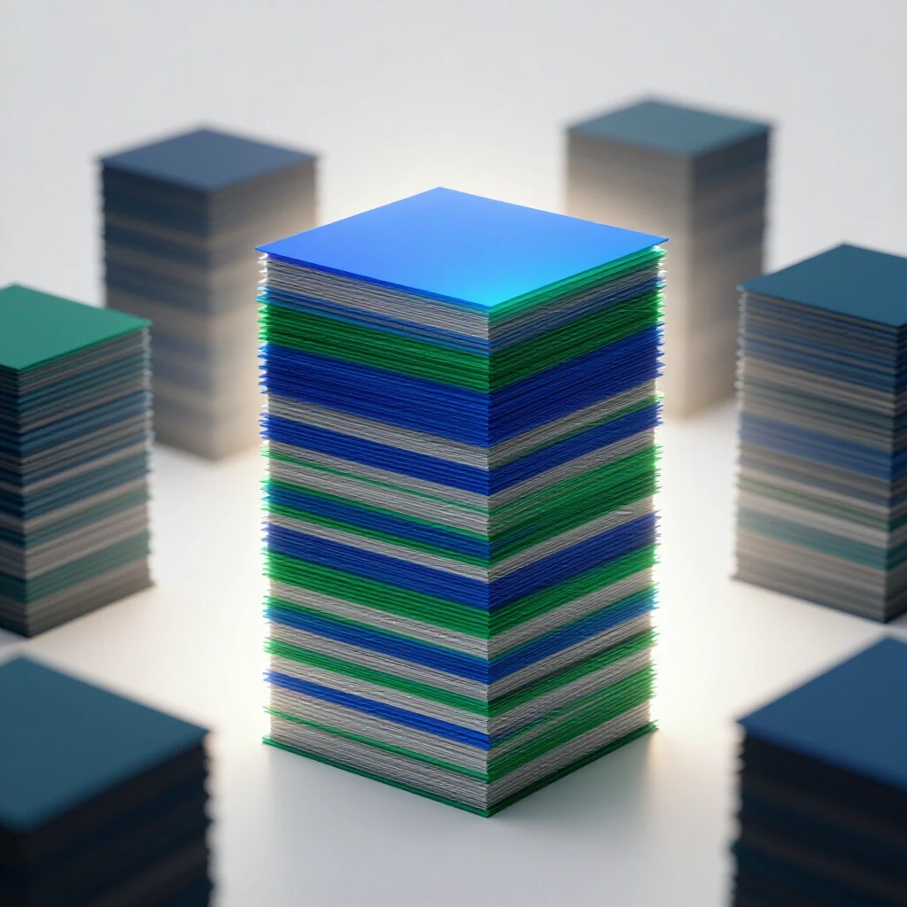 Vibrant stack of glowing research papers at center, with shadowy fading stacks in background on white studio backdrop