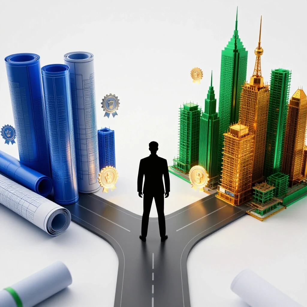 Abstract professional stands at a crossroads between bold blueprints and a vivid construction skyline, guided by glowing certification badges.