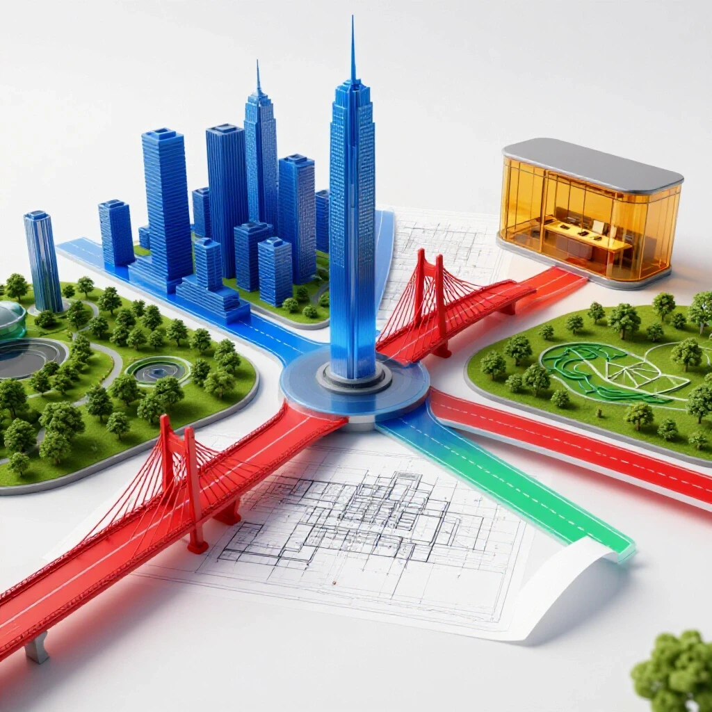 Glossy blueprint table at the center with four colorful branching paths leading to city buildings, bridge, green park, and high-tech room, all on a bright white background.