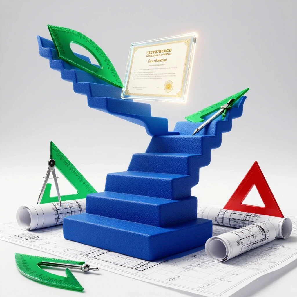 Staircase built from blueprints and architectural tools ascending toward a glowing license certificate above.
