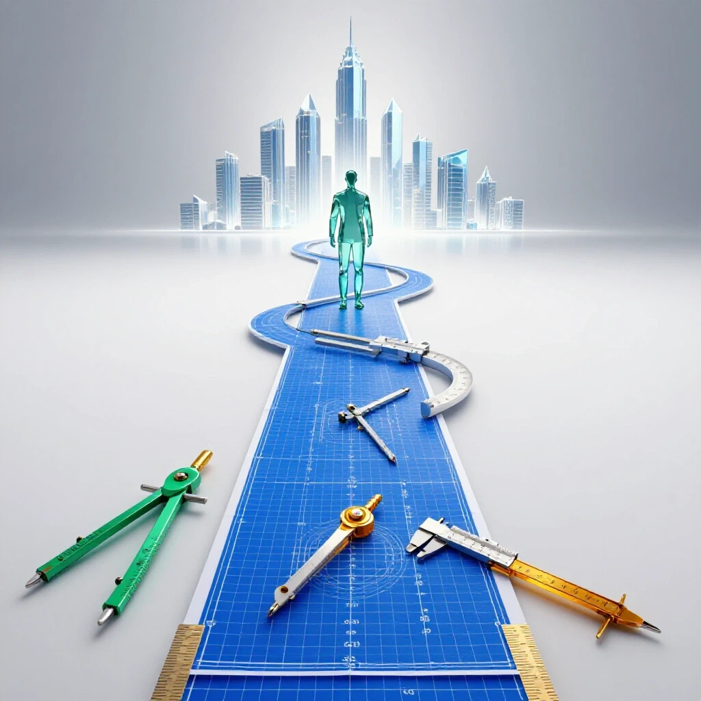 Vivid pathway of blueprints and tools winding upward toward a glowing skyline, with a glass silhouette at the start.