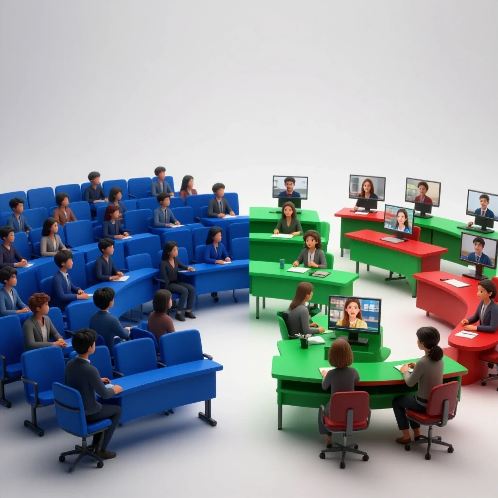 Split classroom scene showing crowded, blurred lecture hall on one side and a small, engaged group on the other, highlighting class size differences.