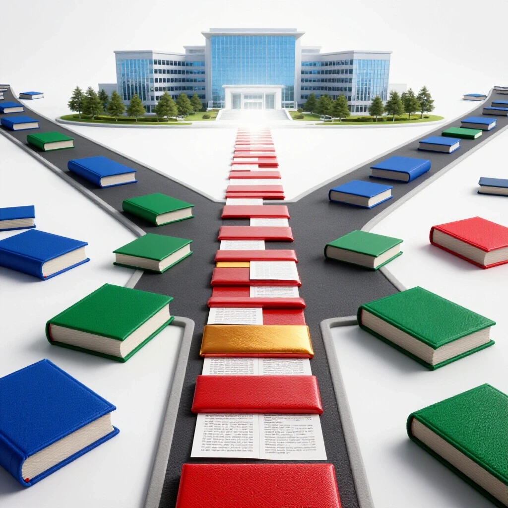 A dynamic crossroads with a path of textbooks and another of exam sheets, both leading to a modern university campus.