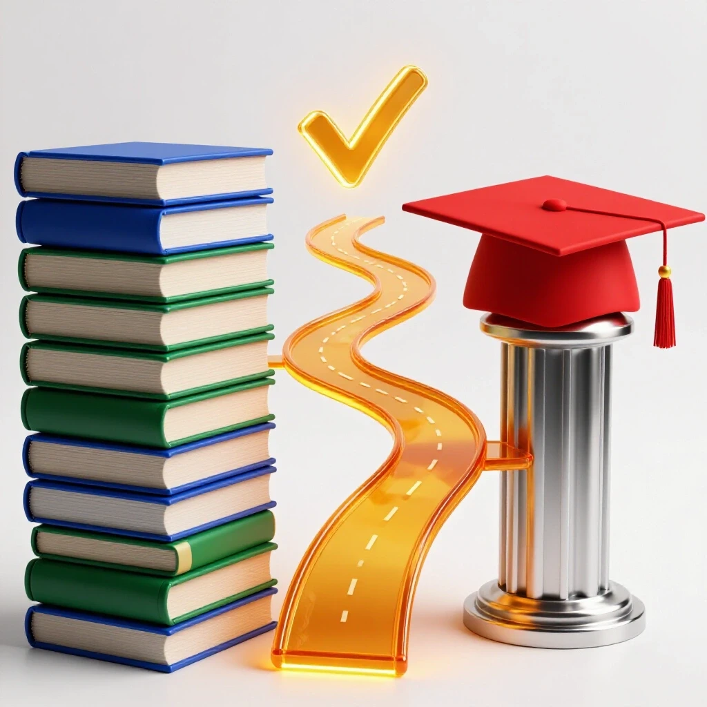 A stack of vibrant textbooks and a graduation cap with a glowing shortcut path bridging the gap between them, symbolizing efficient college credit.