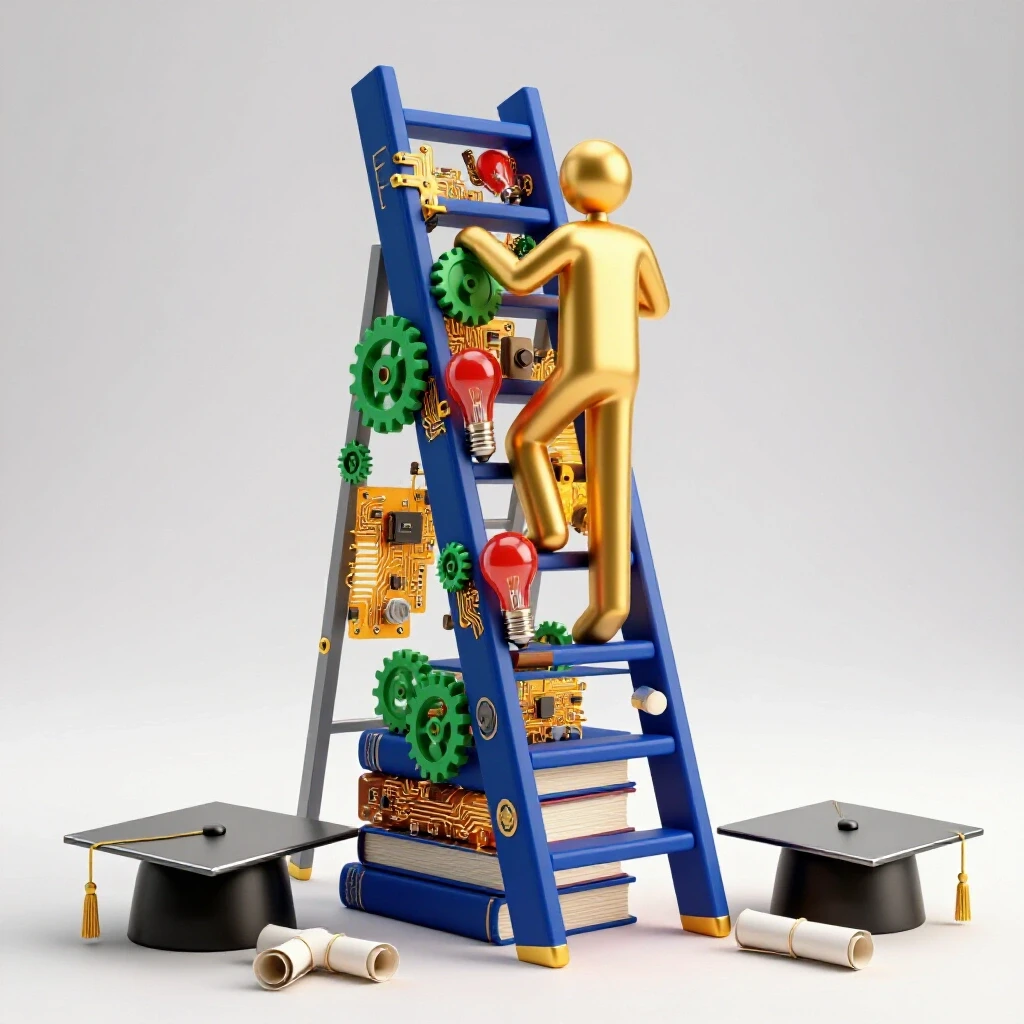 Iconic golden figure climbing a vibrant ladder made of books, gears, and lightbulbs, while graduation caps rest below