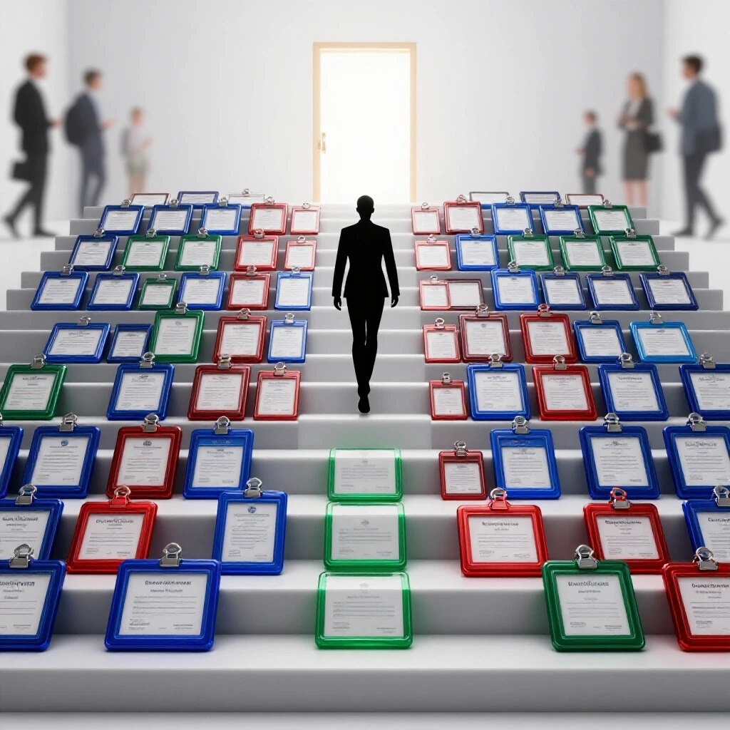 Staircase of colorful clinical certification badges leading upward to a glowing doorway representing career promotion.