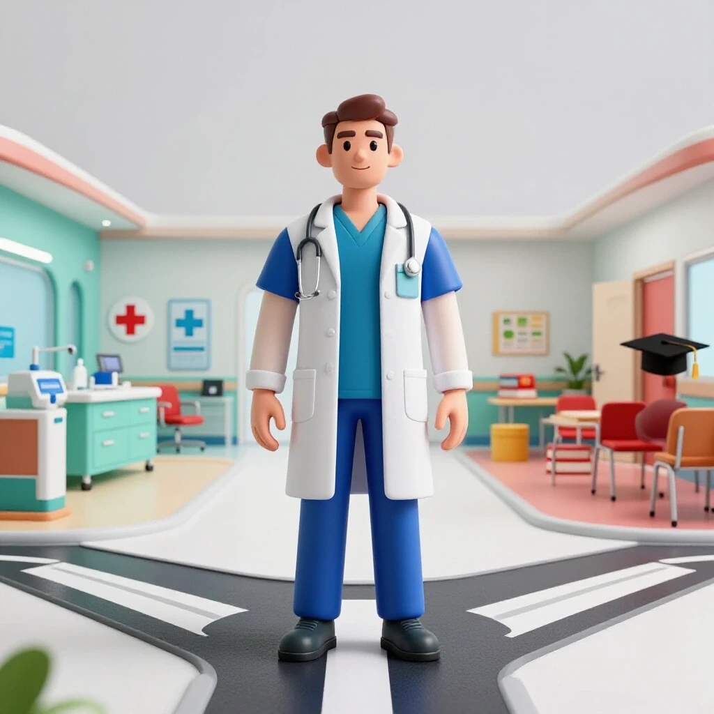 A professional medical figure stands at a crossroads in a hospital, choosing between a clinical ward and a classroom.