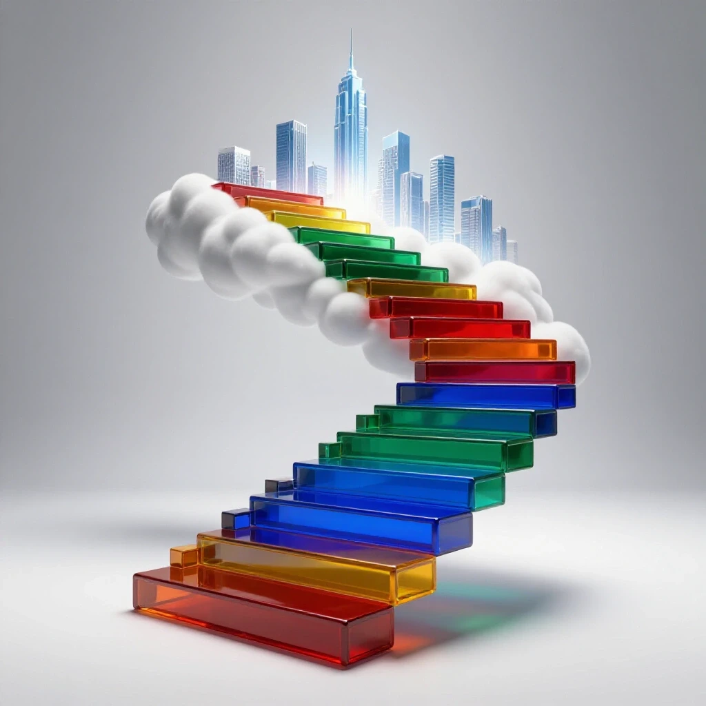 Vibrant cloud-shaped steps form a bright staircase ascending to a glowing city skyline, symbolizing career growth.