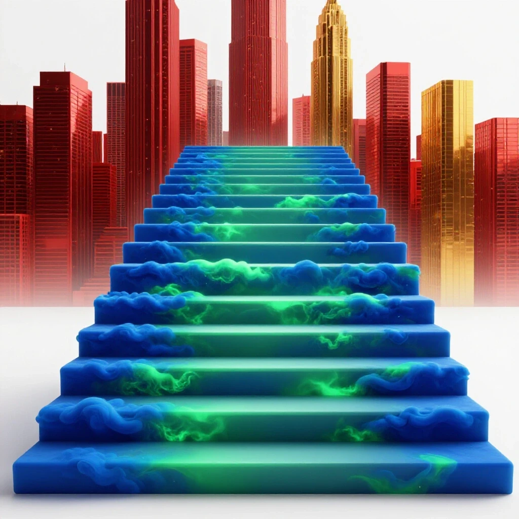 Vibrant cloud-shaped staircase in deep colors ascends toward glowing digital skyscrapers, symbolizing unconventional career entry.