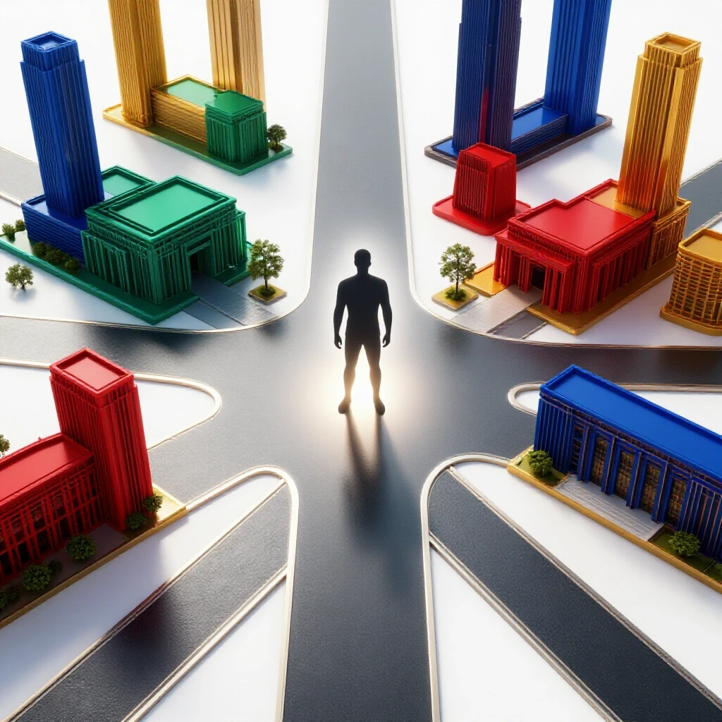 A stylized figure stands at a crossroads of vibrant paths leading to colorful modern campuses, with a mirrored shadow effect symbolizing the advantage of a second degree.