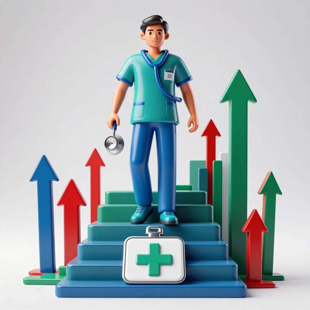 Symbolic figure climbs a staircase of medical icons with upward arrows and dynamic graphs, representing career advancement from CNA to RN.