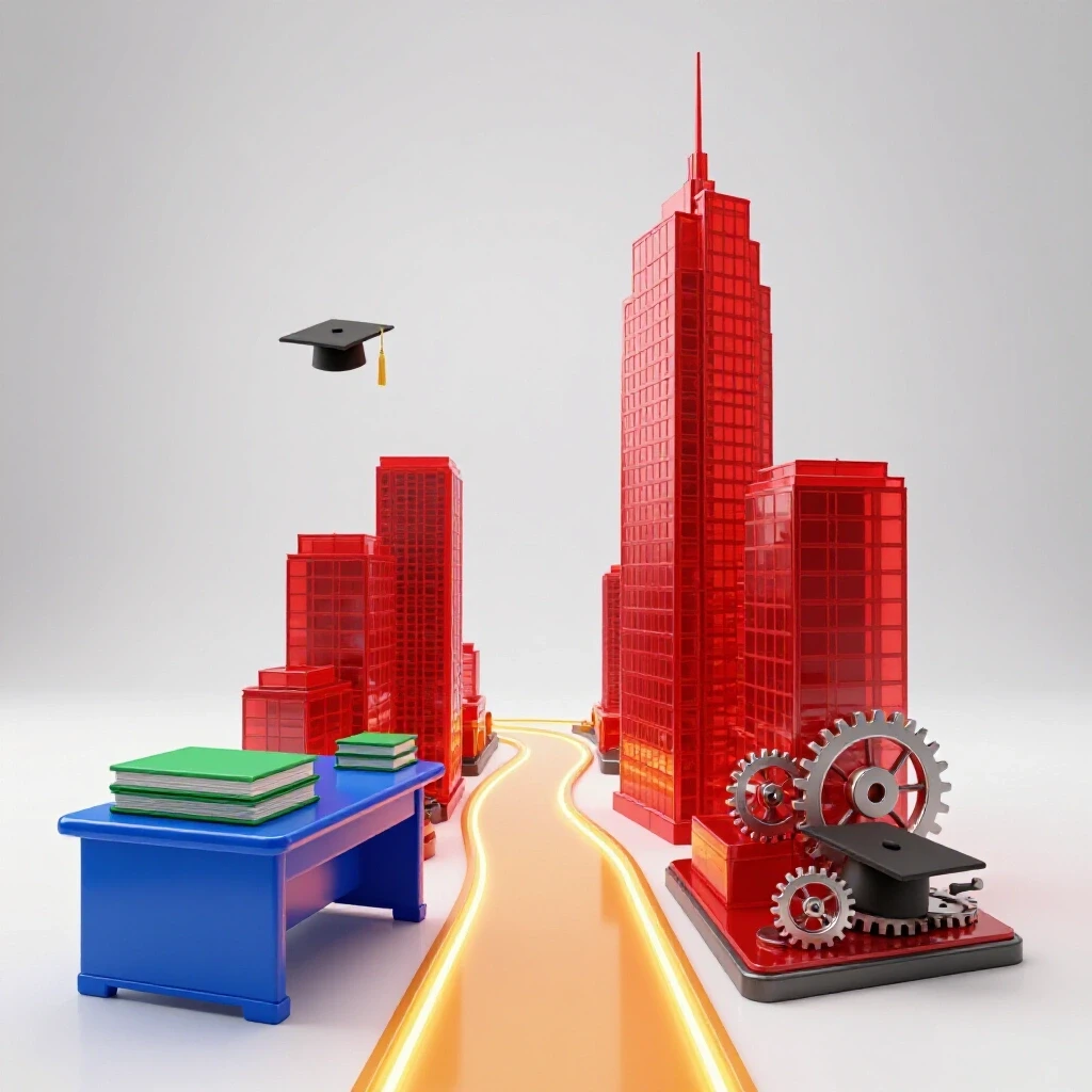 A dynamic pathway connects a classroom desk with books to modern office skyscrapers, symbolizing the journey from college to career success.