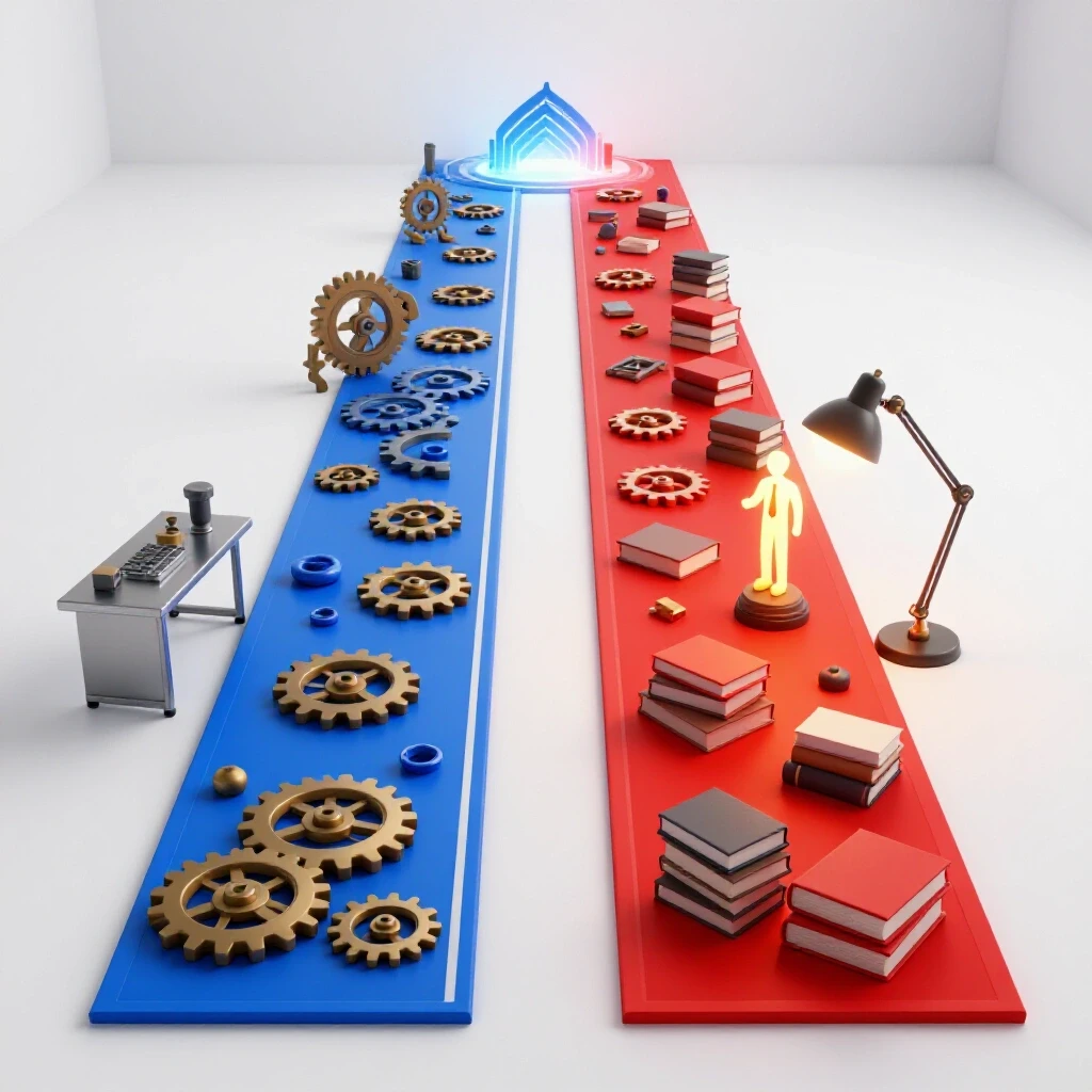 Two dynamic 3D paths—a collaborative blue with gears and tools, a focused red with books and trophy—diverge toward a bright career gateway.