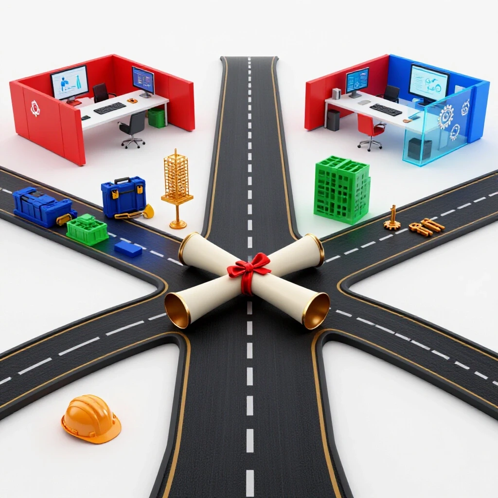 Split path scene with a central diploma branching toward a construction site and a modern office, using bold colors on a bright background.