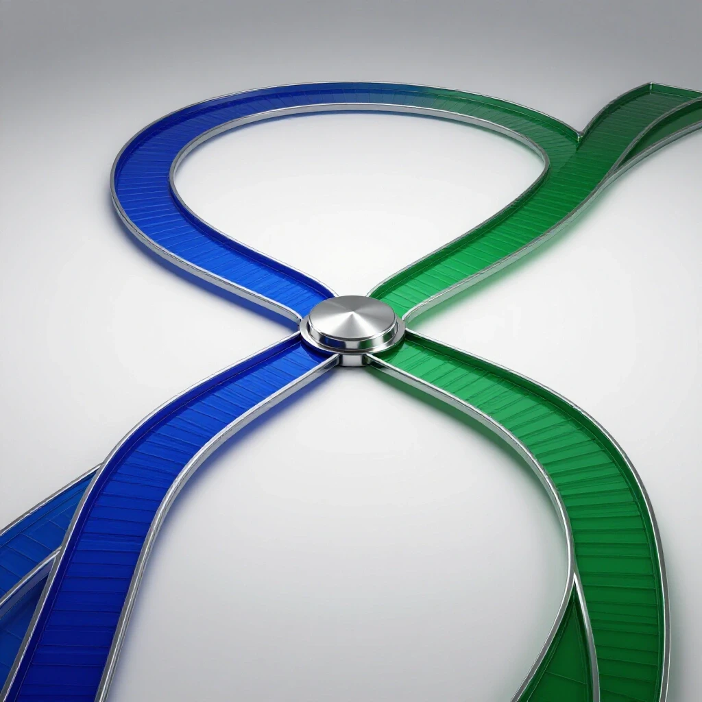 Two vibrant, contrasting blue and green roads converge at a central glossy hub on a bright white background.