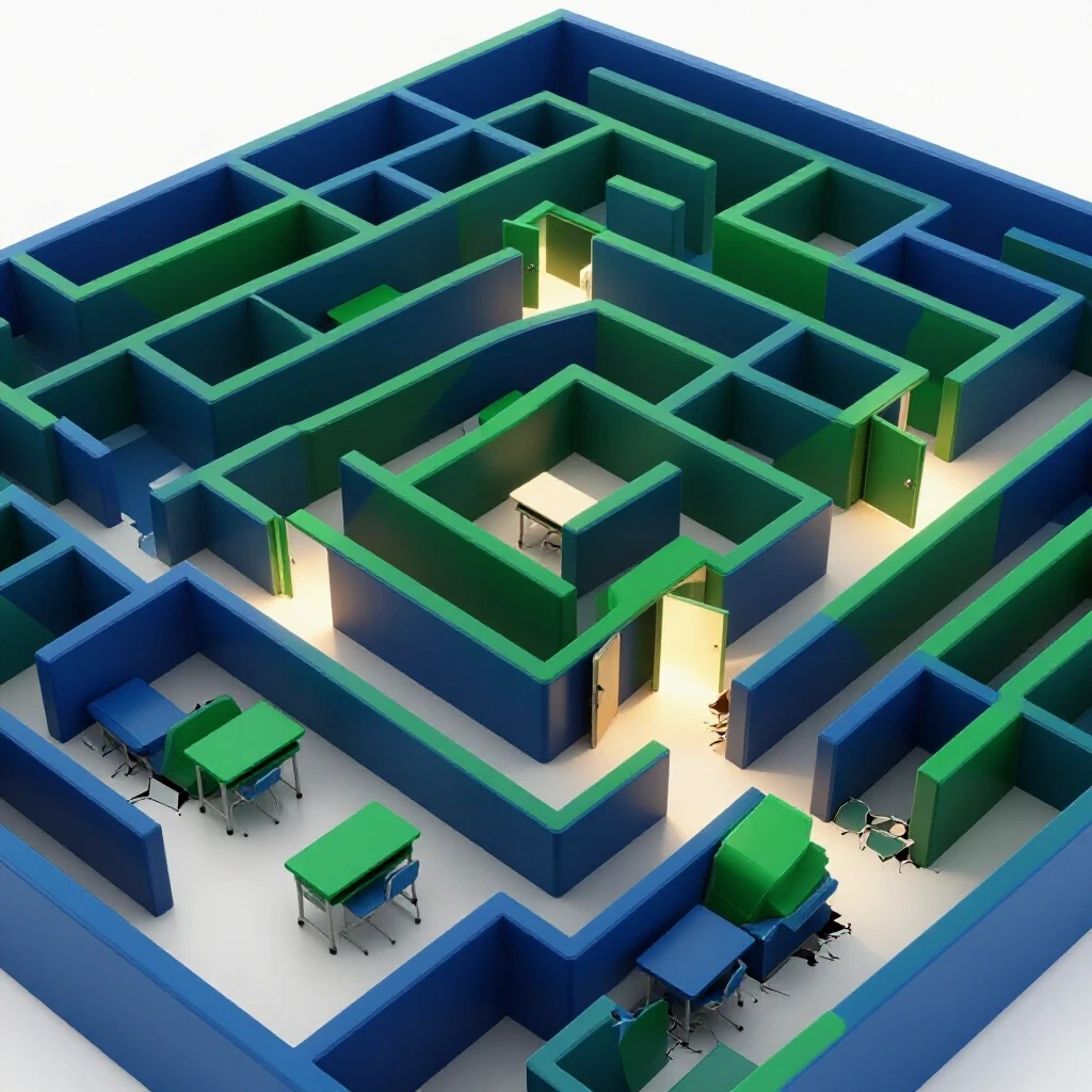 A vibrant maze-like classroom with desks leading to bright exits or blocked paths, illustrating educational challenges and breakthroughs.