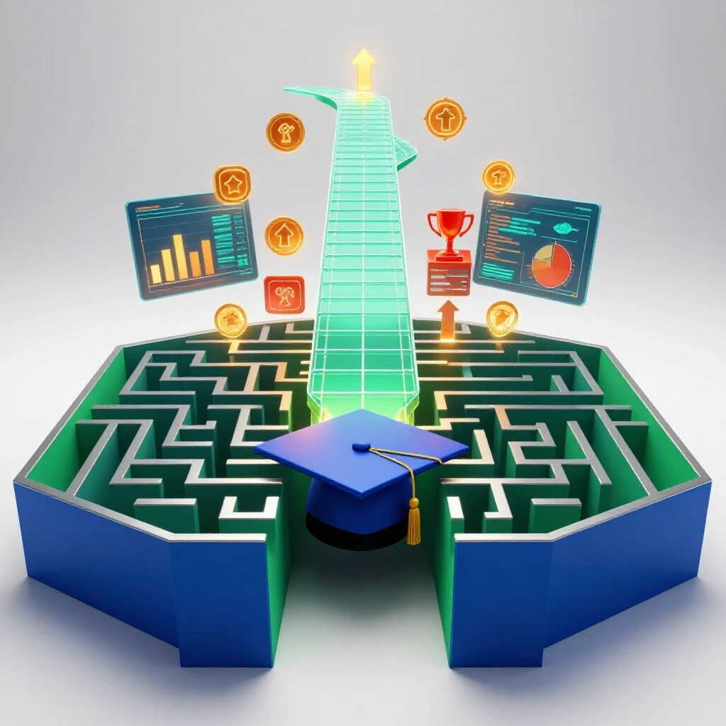 A metallic maze with a graduation cap at the exit leads to a brightly lit path lined with vivid data charts and success icons.