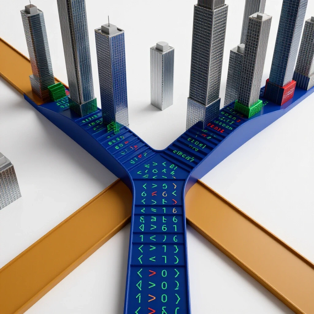 Bright crossroads with a spiral code staircase ascending to city skyscrapers, contrasting a flat path below.