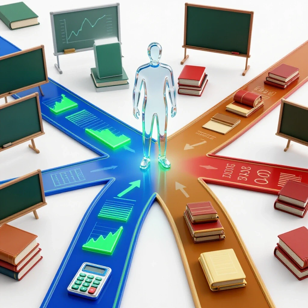 A stylized figure stands at a crossroads; one path shines with vibrant data charts and graphs, the other fades with classic classroom icons.