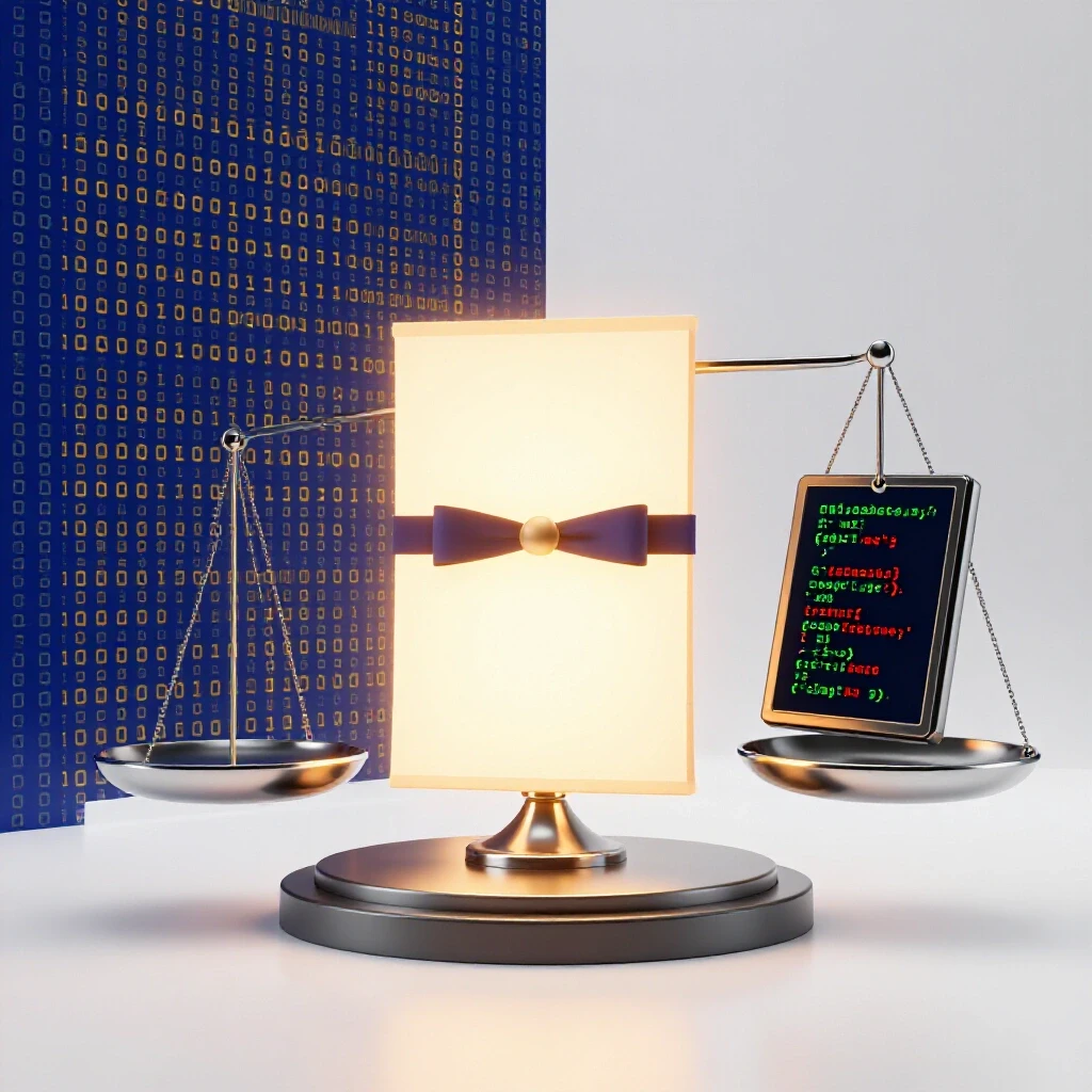 Split scene featuring a glowing diploma with digital code and a scale balancing a degree and coding symbols, set on a bright studio background.